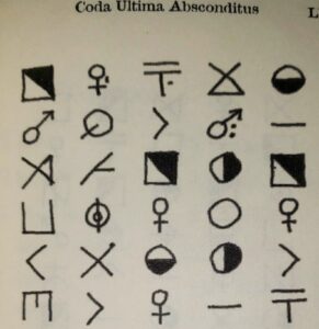 A collection of symbols, eg. partially shaded squares and circles. Coda Ultima puzzle